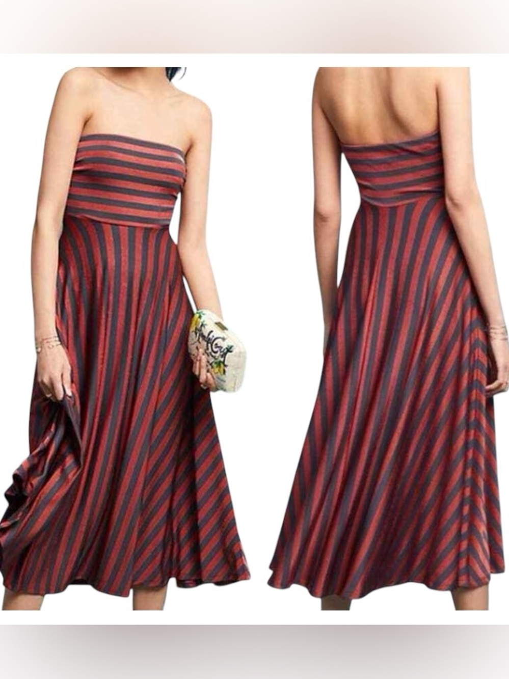 Maeve by Anthropologie Penny Strapless Red/Charcoal Gray Striped Midi Dress Sz M